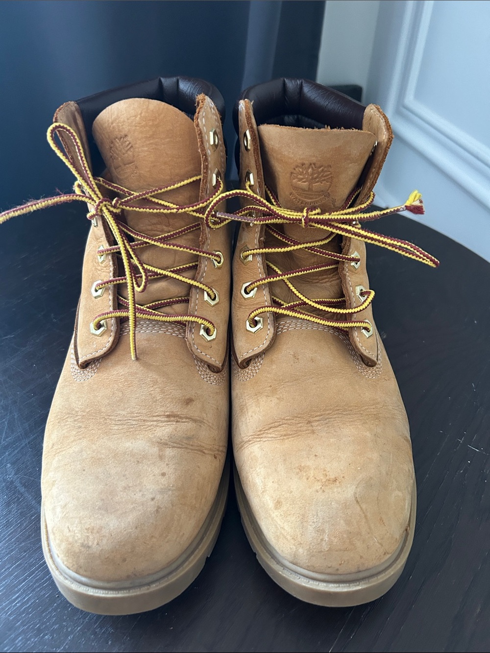 Timberland Wheat/Tan Work Boots with Yellow-Trim Laces